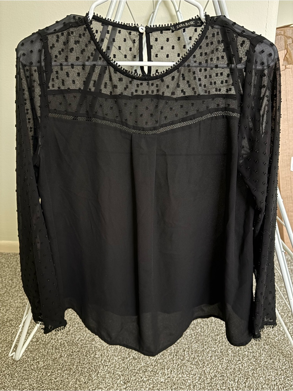 Zara Black Sheer Dot Yoke Long-Sleeve Top